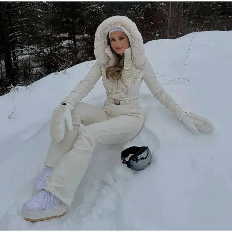 Women Fur Collar Hooded Skiwear Fashion Solid Thicken Zipper High Waist Slim Outdoor Overalls Jumpsuit Lady Winter Outwear by Dropshipman