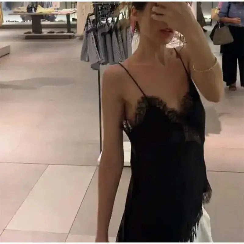 Lace Spliced Square Neck Spaghetti Strap Blouse Loose Fit Cropped 2026 Summer Women Chiffon Top Causal Delicate Lady Blusa by Dropshipman