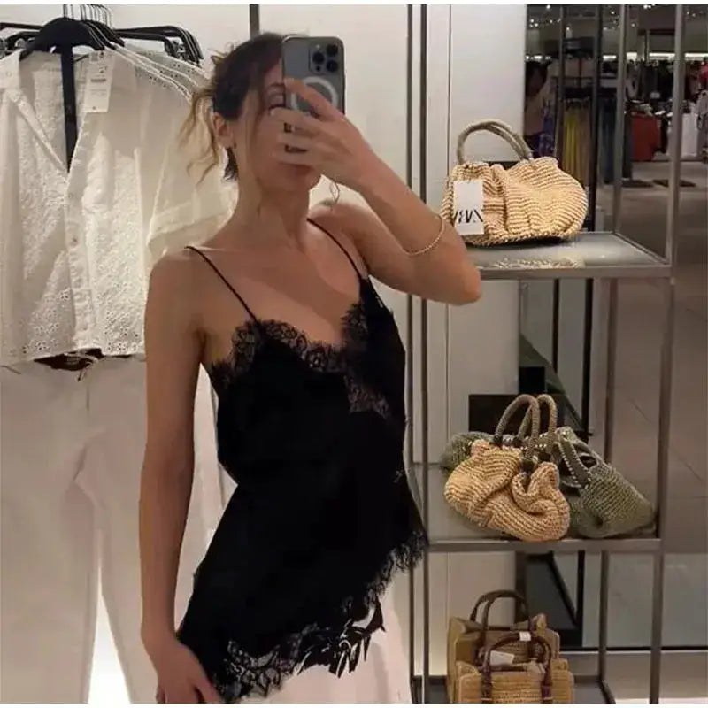 Lace Spliced Square Neck Spaghetti Strap Blouse Loose Fit Cropped 2026 Summer Women Chiffon Top Causal Delicate Lady Blusa by Dropshipman