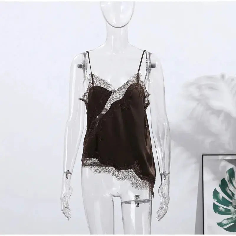 Lace Spliced Square Neck Spaghetti Strap Blouse Loose Fit Cropped 2026 Summer Women Chiffon Top Causal Delicate Lady Blusa by Dropshipman