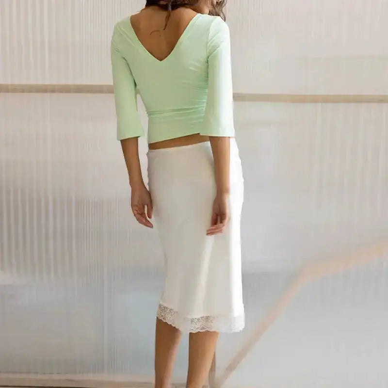 2026 Sweet Mint Color Deep V-neck Mid-sleeve Cropped Top Wrap Smocked Bust Fitted Top Women&