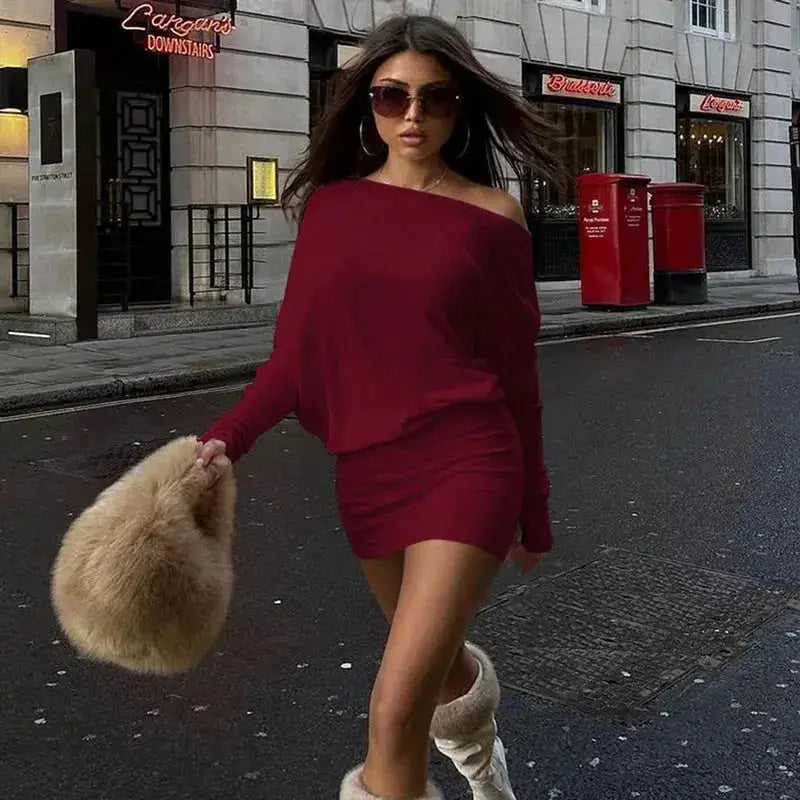 Dulzura Sexy Long Sleeve Mini Dress Oblique Shoulder Solid Simple Dresses Party Club Birthday Vacation Date Y2K Women Clothes by Dropshipman