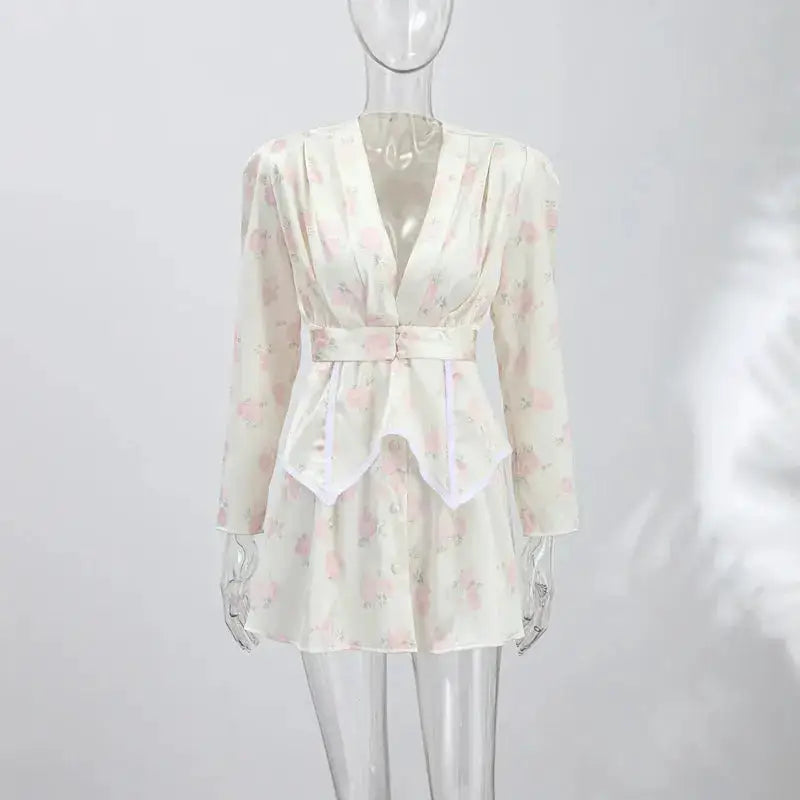 Casual Printed Mini Dress Women Full Sleeve Button V-neck Lady Short Dresses Waist Tape 2026 Spring Summer Female Robe Beach by Dropshipman