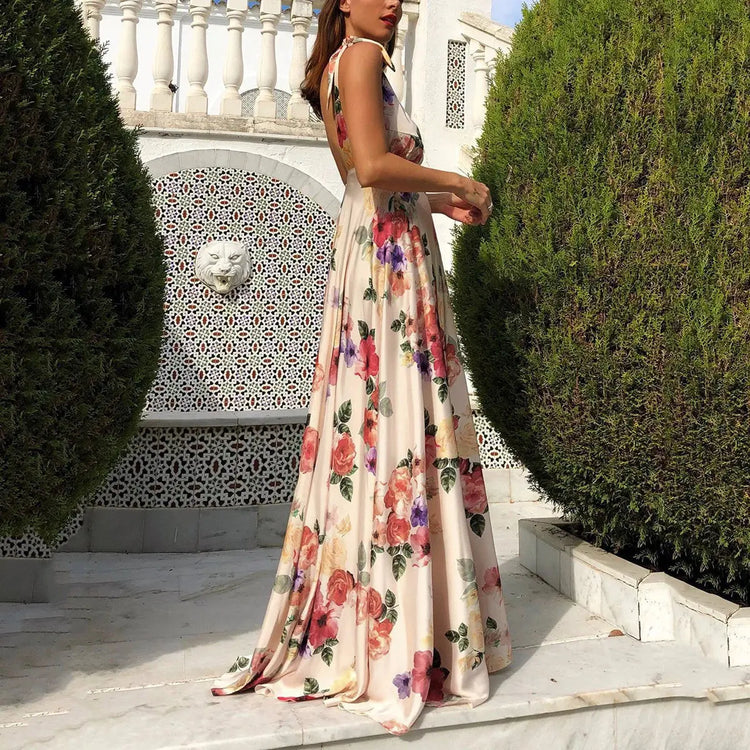 Boho Style Long Dress Beach Holiday Dress Halter Maxi Print Slip Dress Summer Women&
