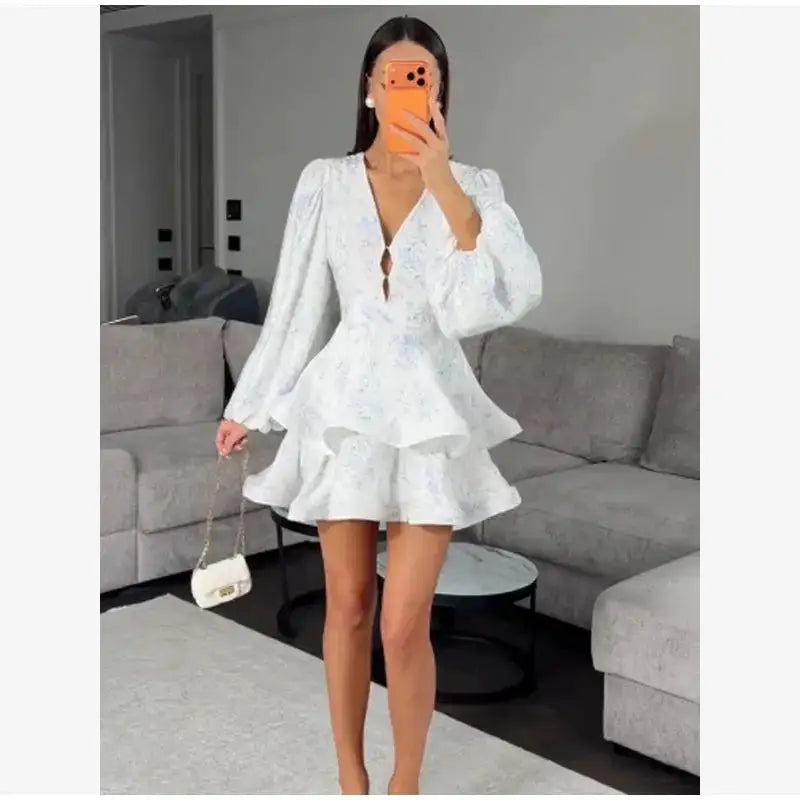 Elegant Floral Printed Waist-cinched Mini Dress Women Pleated Deep V-neck Long Sleeve Button-front Dresses Fashion Party Robe by Dropshipman