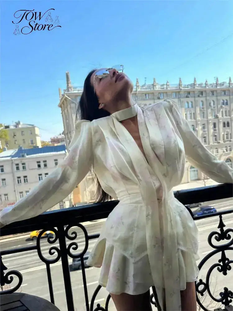 Elegant Floral Printed Waist-cinched Mini Dress Women Pleated Deep V-neck Long Sleeve Button-front Dresses Fashion Party Robe by Dropshipman