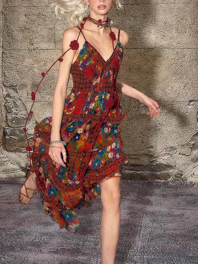 TheNeverMo Fireworks Burning Spring French Retro V-neck Strap Floral Long Dress for Holiday dress Summer by Dropshipman