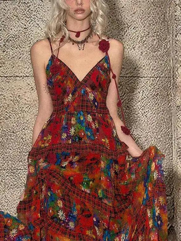 TheNeverMo Fireworks Burning Spring French Retro V-neck Strap Floral Long Dress for Holiday dress Summer by Dropshipman