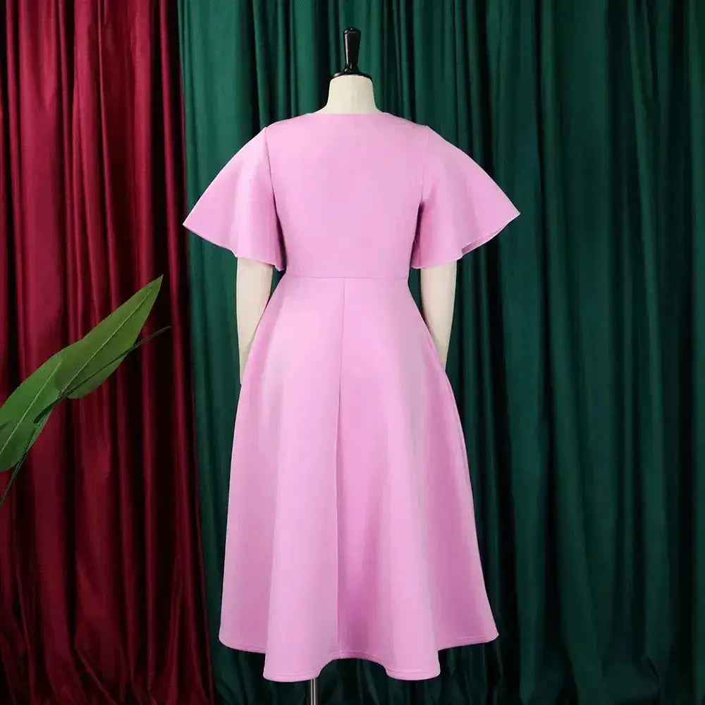 Elegant Dresses for Women V Neck Flare Sleeve High Waisted Pleated A Line Mid Calf Luxury Birthday Party Dinner Vestidos Mujer by Dropshipman