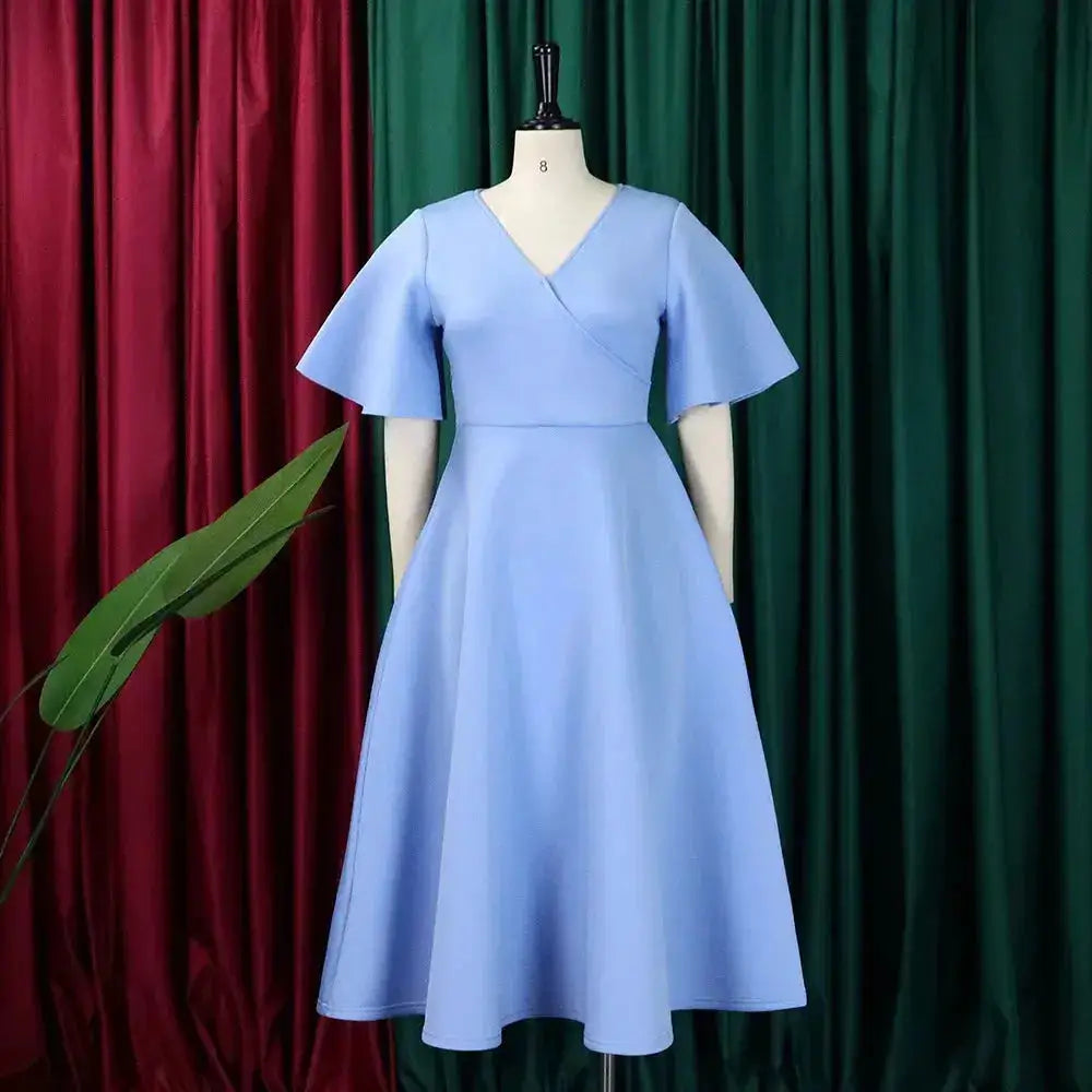 Elegant Dresses for Women V Neck Flare Sleeve High Waisted Pleated A Line Mid Calf Luxury Birthday Party Dinner Vestidos Mujer by Dropshipman