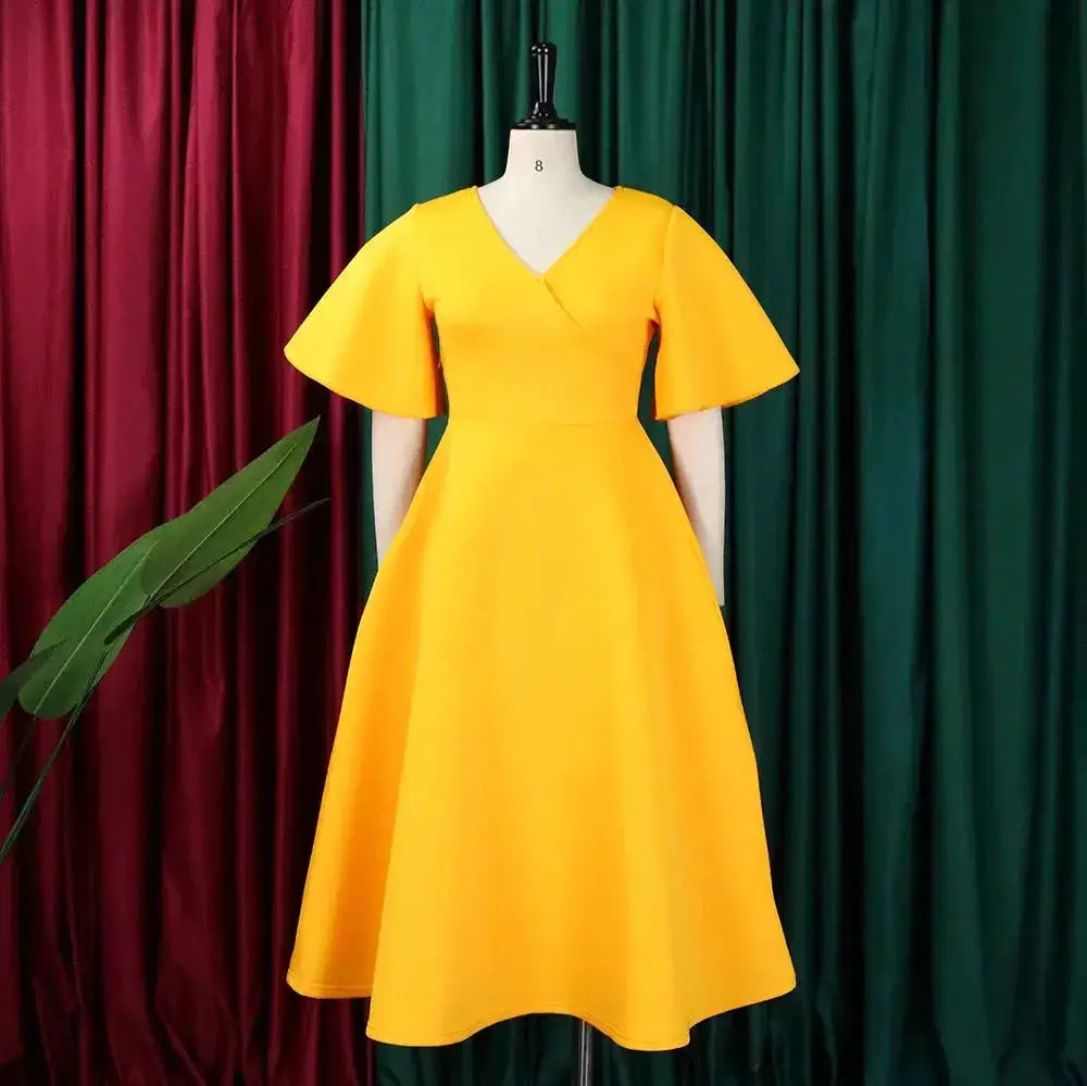 Elegant Dresses for Women V Neck Flare Sleeve High Waisted Pleated A Line Mid Calf Luxury Birthday Party Dinner Vestidos Mujer by Dropshipman