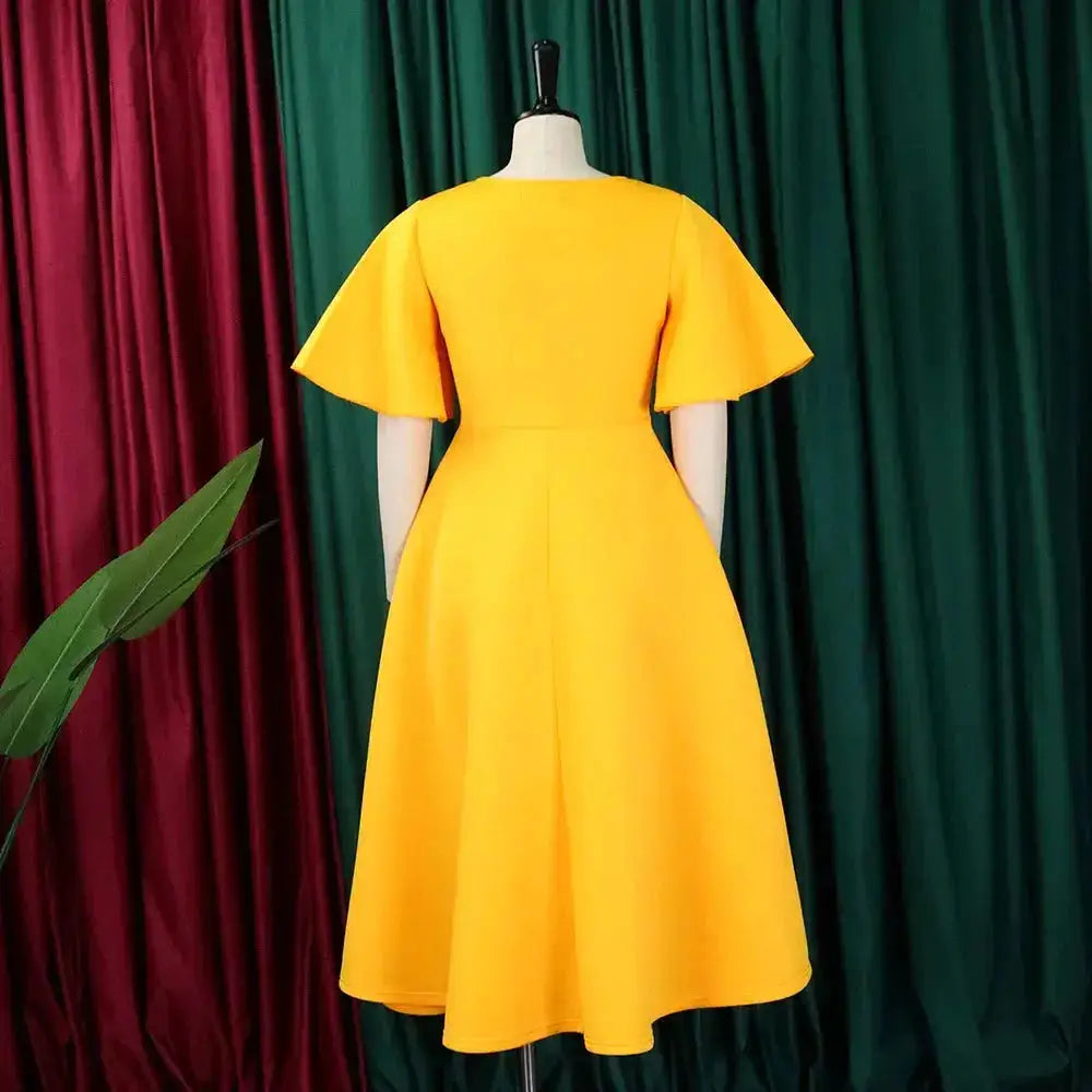 Elegant Dresses for Women V Neck Flare Sleeve High Waisted Pleated A Line Mid Calf Luxury Birthday Party Dinner Vestidos Mujer by Dropshipman