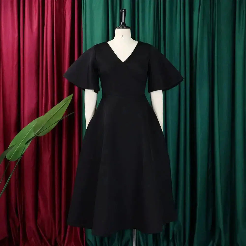 Elegant Dresses for Women V Neck Flare Sleeve High Waisted Pleated A Line Mid Calf Luxury Birthday Party Dinner Vestidos Mujer by Dropshipman