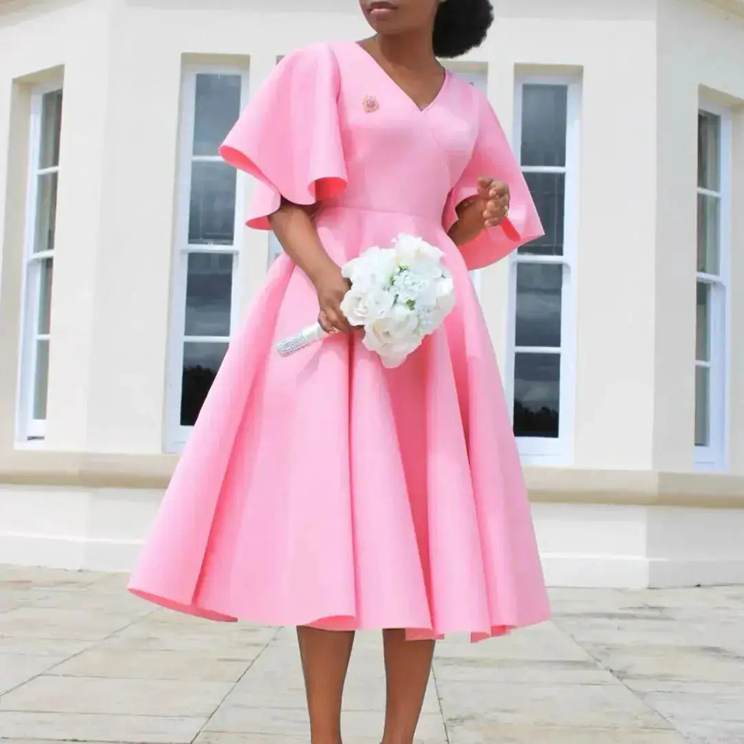 Elegant Dresses for Women V Neck Flare Sleeve High Waisted Pleated A Line Mid Calf Luxury Birthday Party Dinner Vestidos Mujer by Dropshipman
