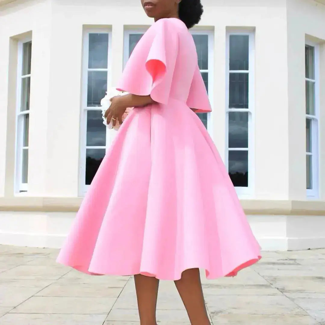 Elegant Dresses for Women V Neck Flare Sleeve High Waisted Pleated A Line Mid Calf Luxury Birthday Party Dinner Vestidos Mujer by Dropshipman