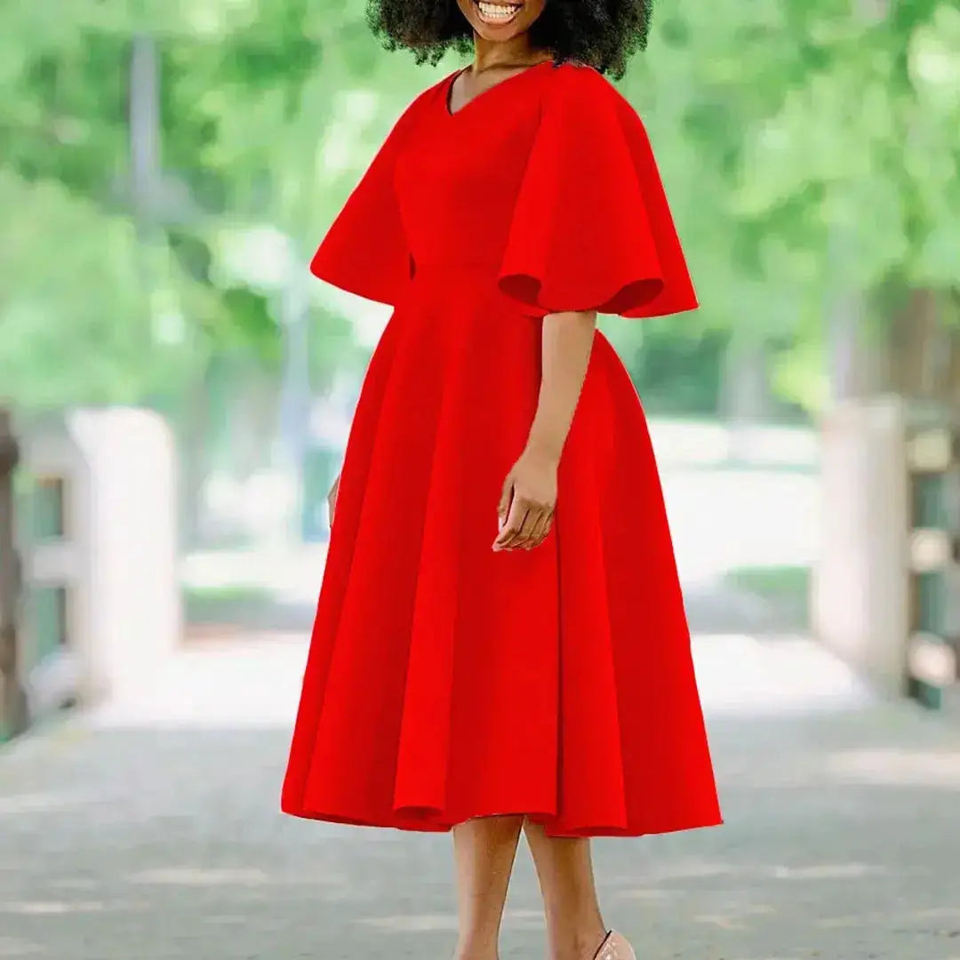 Elegant Dresses for Women V Neck Flare Sleeve High Waisted Pleated A Line Mid Calf Luxury Birthday Party Dinner Vestidos Mujer by Dropshipman