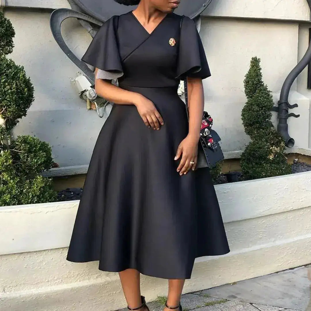 Elegant Dresses for Women V Neck Flare Sleeve High Waisted Pleated A Line Mid Calf Luxury Birthday Party Dinner Vestidos Mujer by Dropshipman