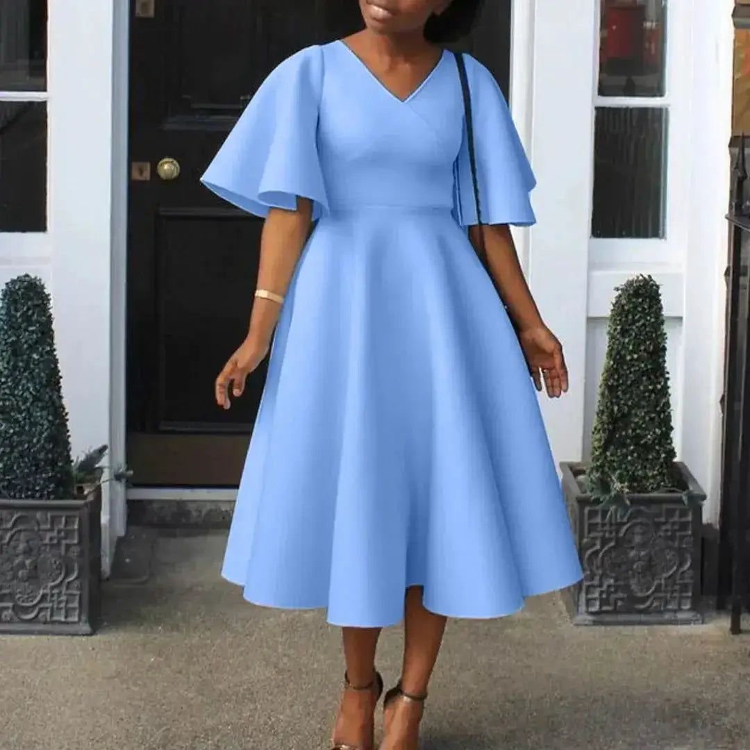 Elegant Dresses for Women V Neck Flare Sleeve High Waisted Pleated A Line Mid Calf Luxury Birthday Party Dinner Vestidos Mujer by Dropshipman