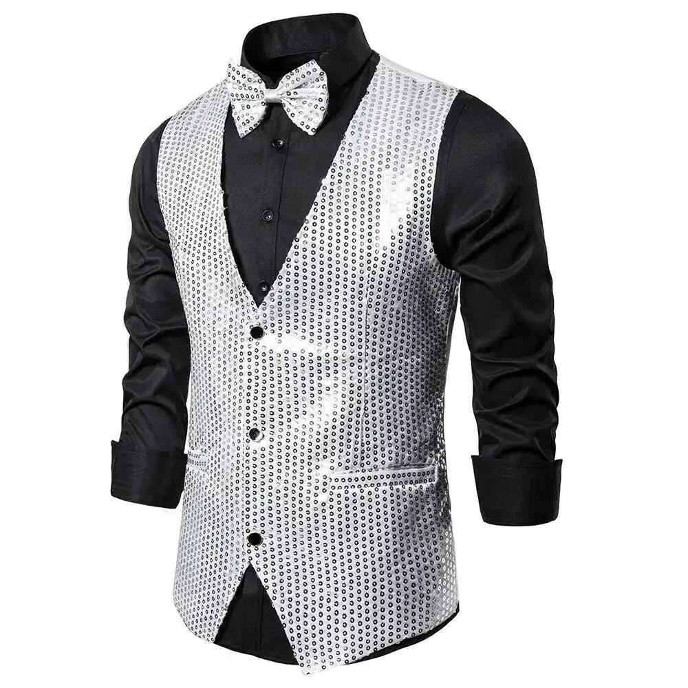 New Design Men Sequins Pattern Glitter Embellished V-neck Blazer Vest Male Evening Party Suits Plus Size hot by Dropshipman