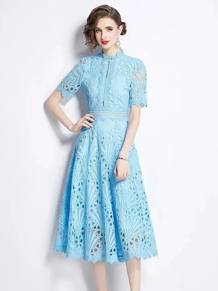 SMTHMA Vintage High-End O-Neck Short Sleeve Lace Hollow Out Dress For Women&