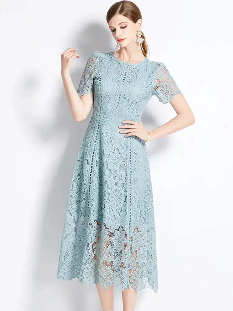 SMTHMA Vintage High-End O-Neck Short Sleeve Lace Hollow Out Dress For Women&