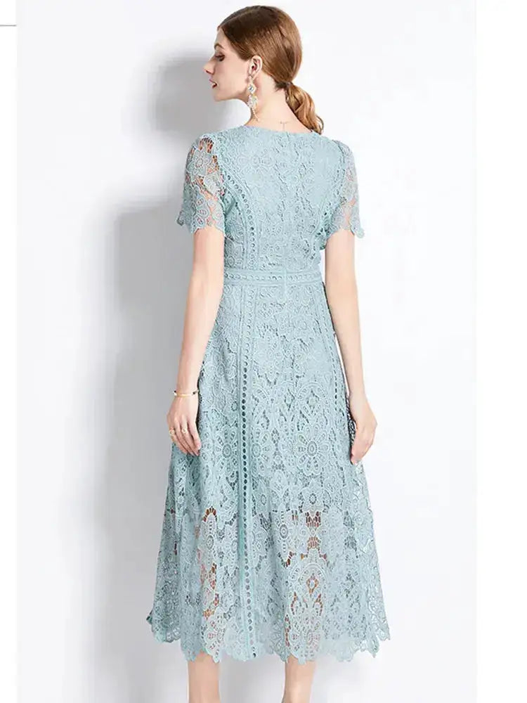 SMTHMA Vintage High-End O-Neck Short Sleeve Lace Hollow Out Dress For Women&