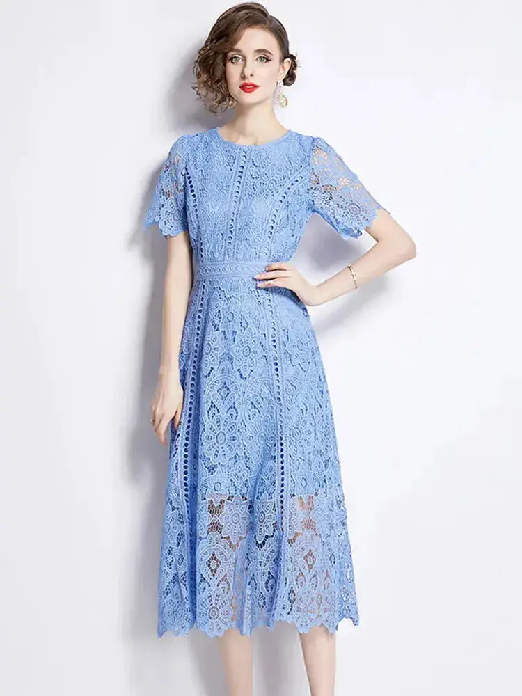 SMTHMA Vintage High-End O-Neck Short Sleeve Lace Hollow Out Dress For Women&