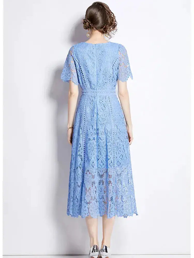 SMTHMA Vintage High-End O-Neck Short Sleeve Lace Hollow Out Dress For Women&