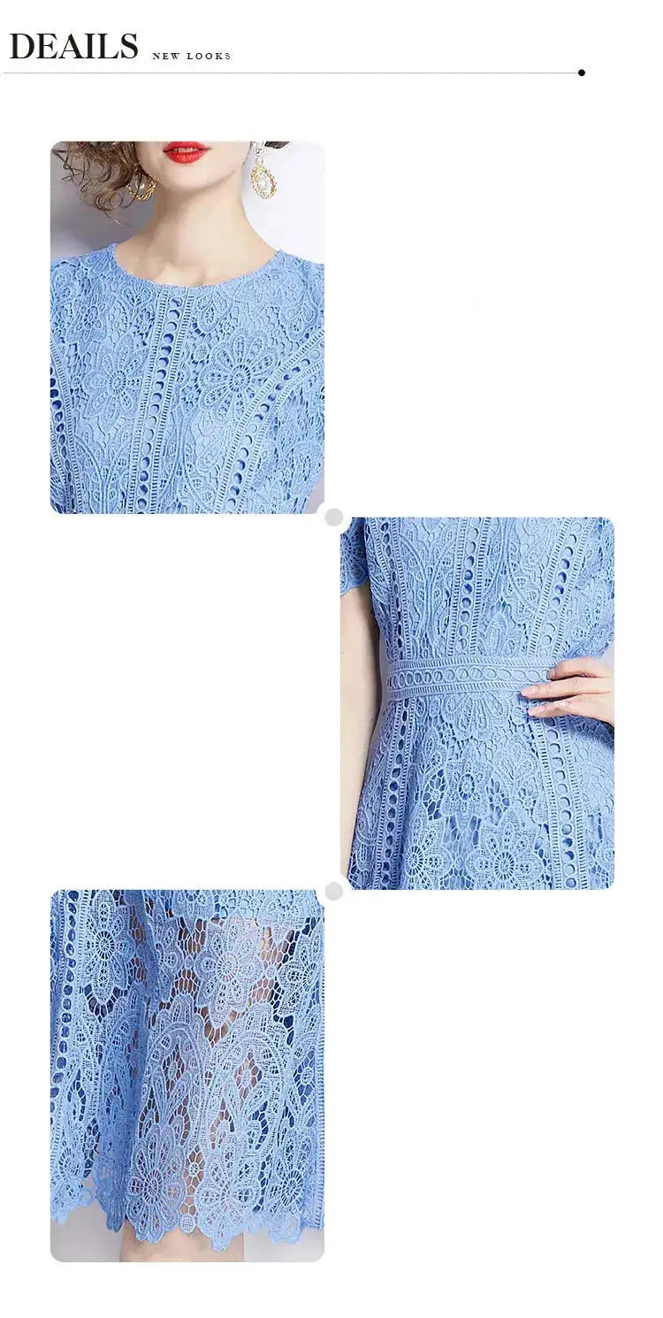 SMTHMA Vintage High-End O-Neck Short Sleeve Lace Hollow Out Dress For Women&