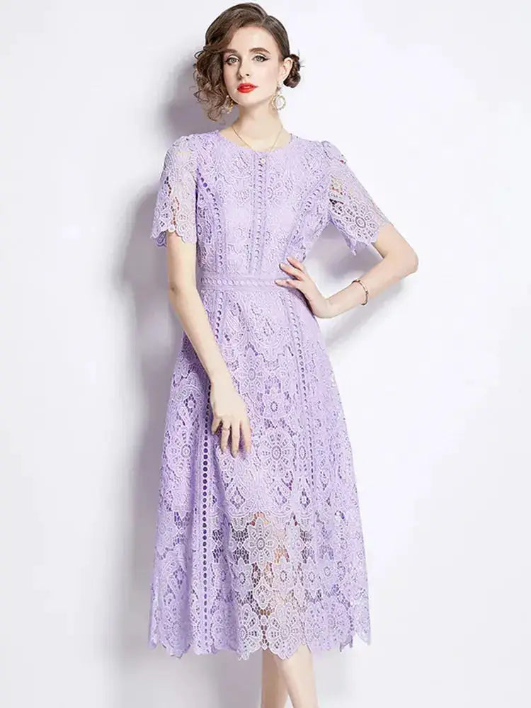 SMTHMA Vintage High-End O-Neck Short Sleeve Lace Hollow Out Dress For Women&
