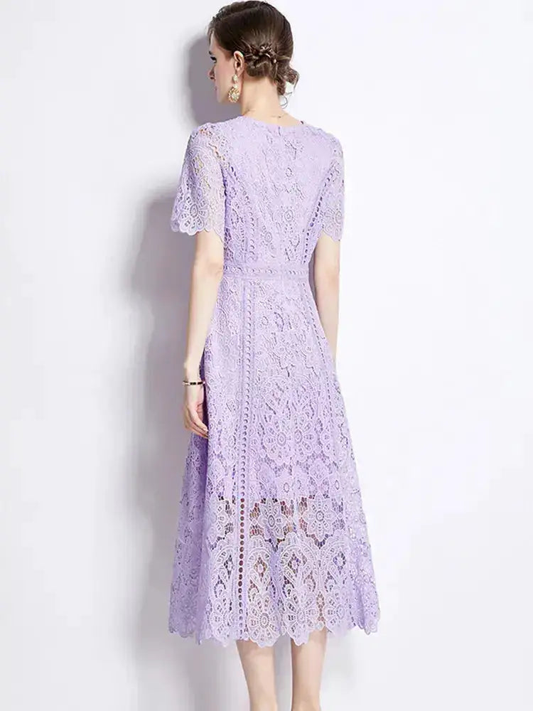 SMTHMA Vintage High-End O-Neck Short Sleeve Lace Hollow Out Dress For Women&