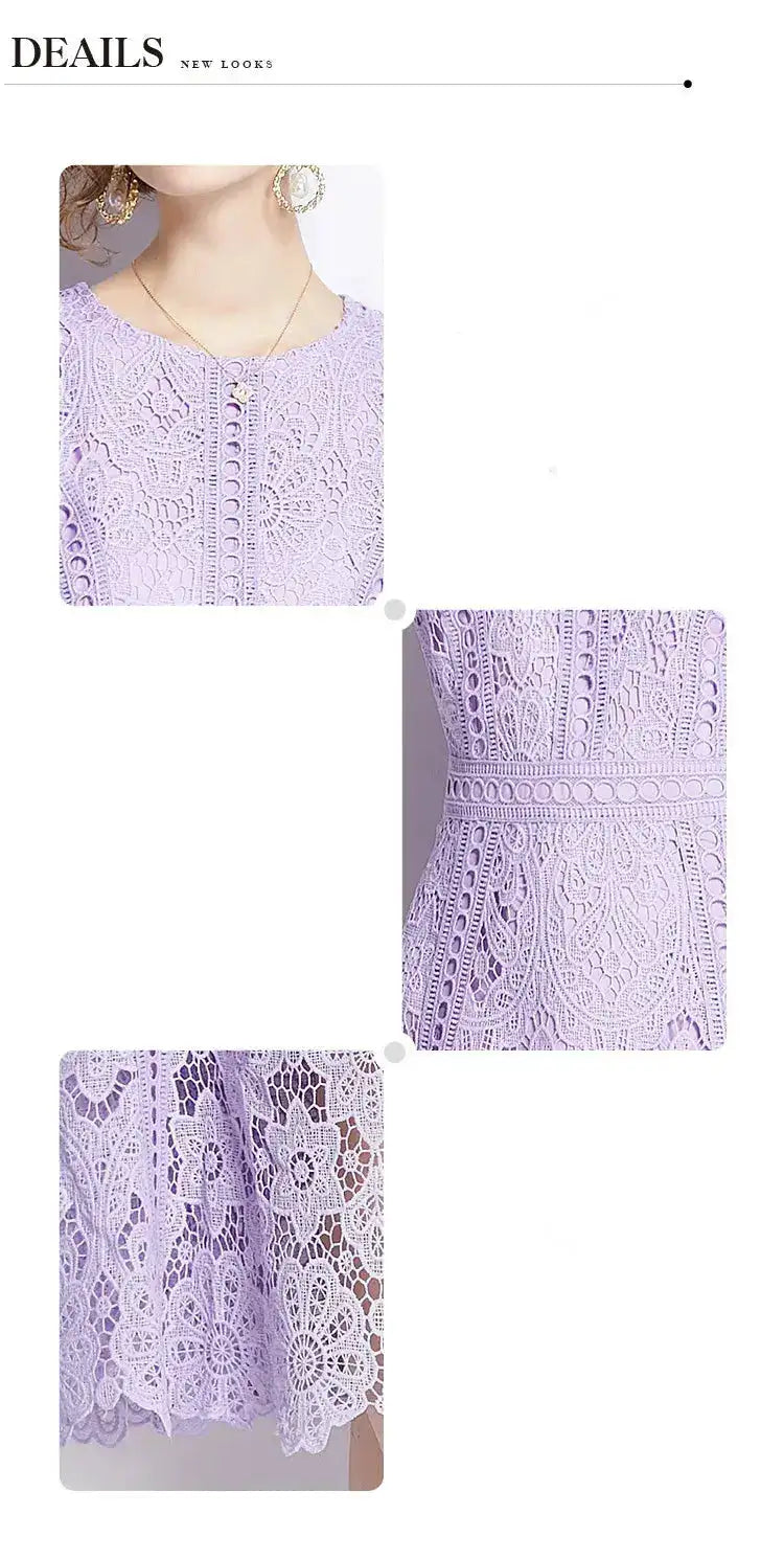 SMTHMA Vintage High-End O-Neck Short Sleeve Lace Hollow Out Dress For Women&