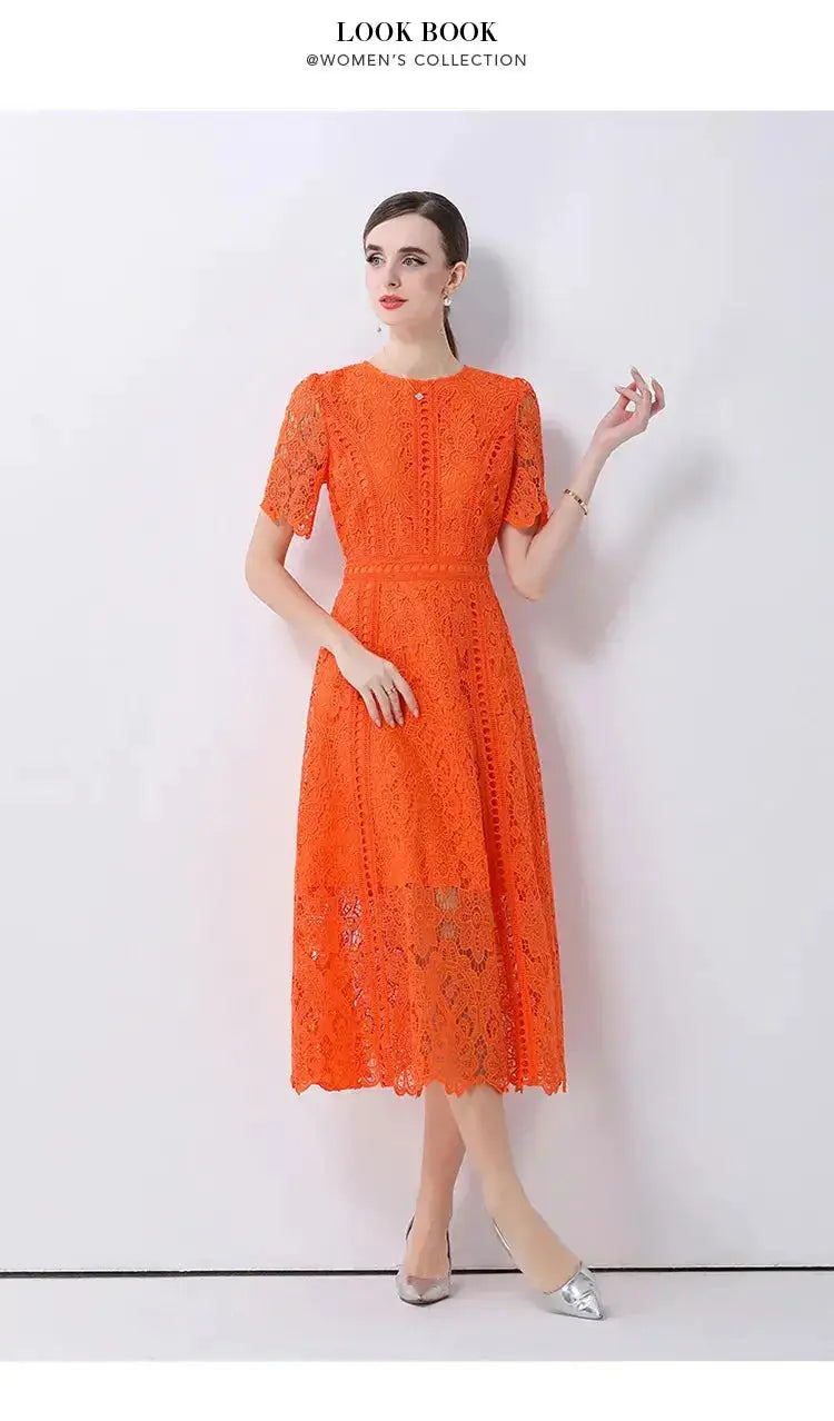 SMTHMA Vintage High-End O-Neck Short Sleeve Lace Hollow Out Dress For Women&