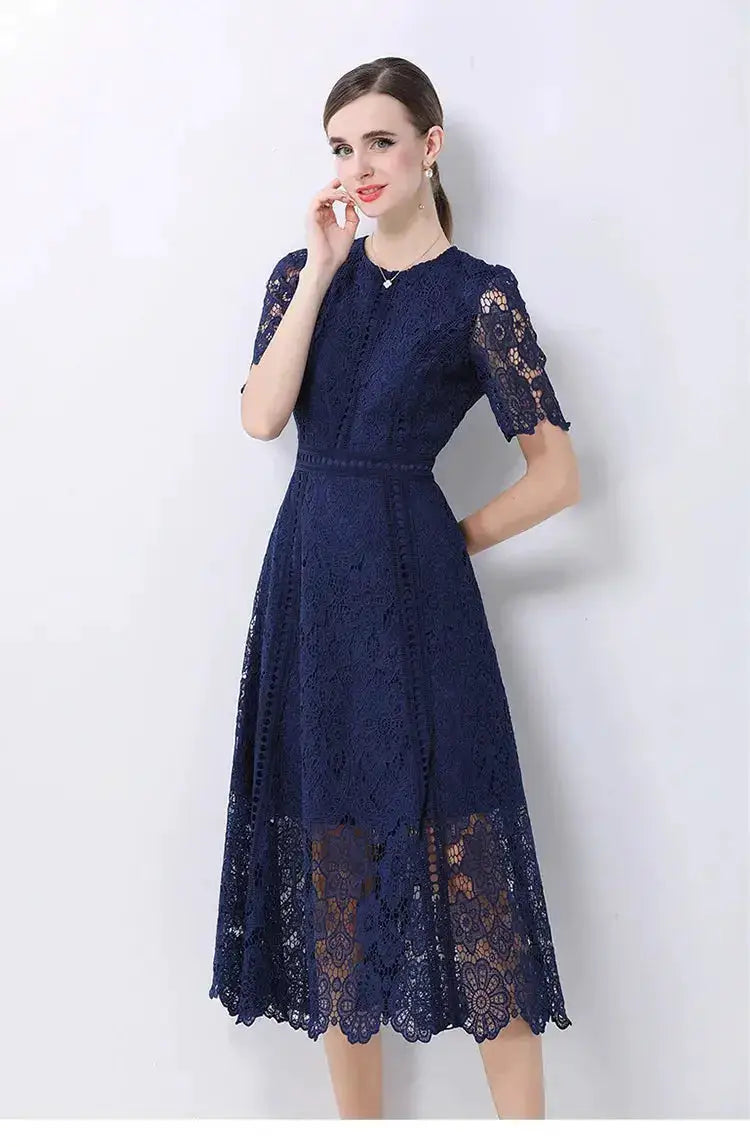 SMTHMA Vintage High-End O-Neck Short Sleeve Lace Hollow Out Dress For Women&
