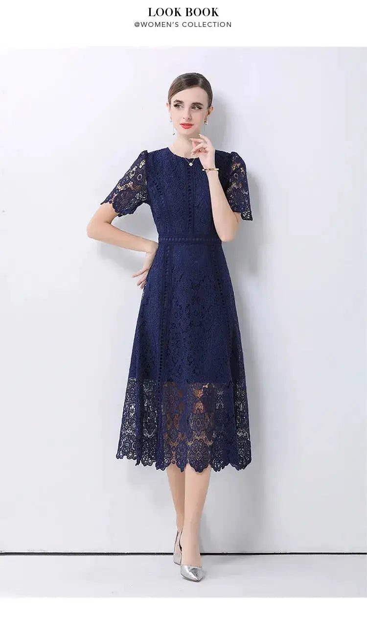 SMTHMA Vintage High-End O-Neck Short Sleeve Lace Hollow Out Dress For Women&