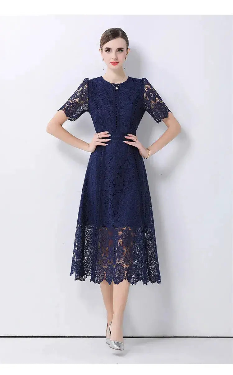 SMTHMA Vintage High-End O-Neck Short Sleeve Lace Hollow Out Dress For Women&