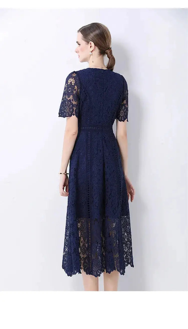 SMTHMA Vintage High-End O-Neck Short Sleeve Lace Hollow Out Dress For Women&