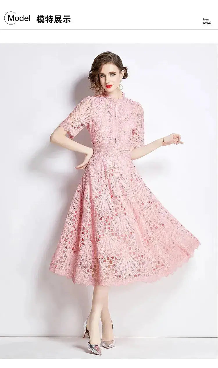 SMTHMA Vintage High-End O-Neck Short Sleeve Lace Hollow Out Dress For Women&