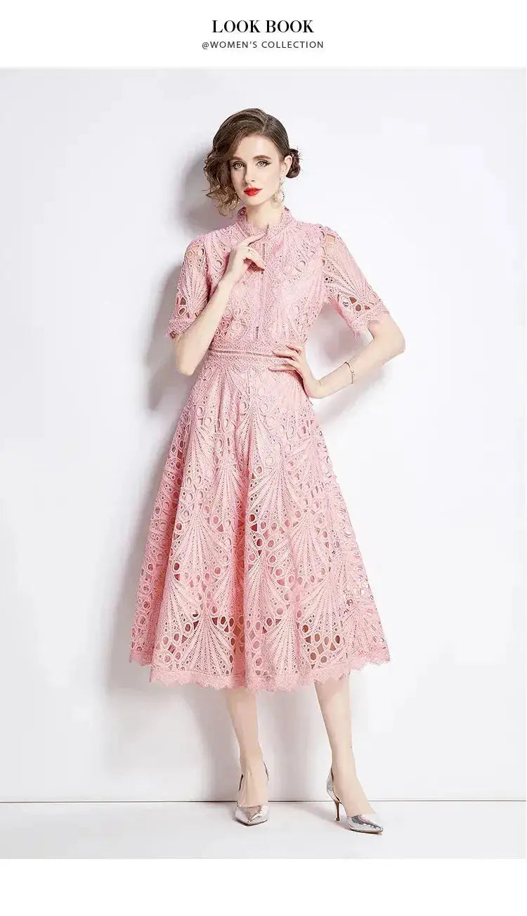 SMTHMA Vintage High-End O-Neck Short Sleeve Lace Hollow Out Dress For Women&