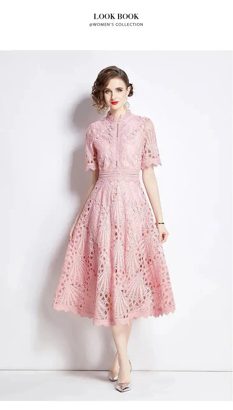 SMTHMA Vintage High-End O-Neck Short Sleeve Lace Hollow Out Dress For Women&