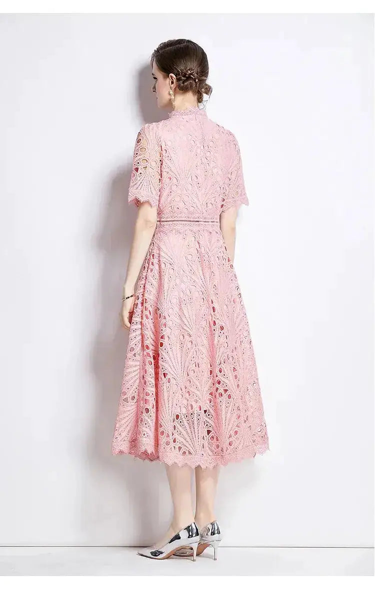 SMTHMA Vintage High-End O-Neck Short Sleeve Lace Hollow Out Dress For Women&