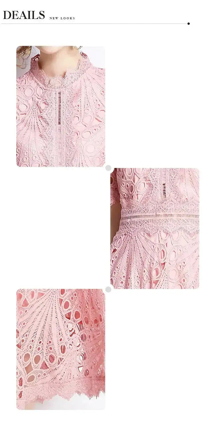 SMTHMA Vintage High-End O-Neck Short Sleeve Lace Hollow Out Dress For Women&