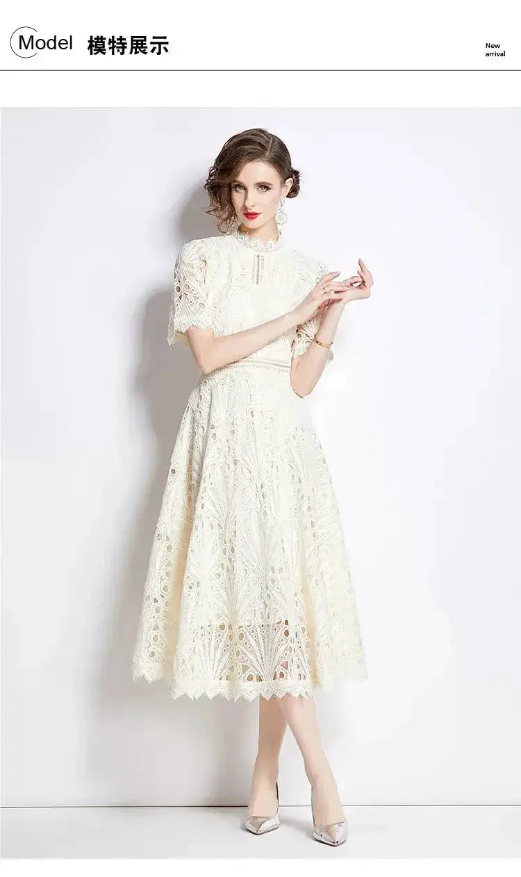 SMTHMA Vintage High-End O-Neck Short Sleeve Lace Hollow Out Dress For Women&