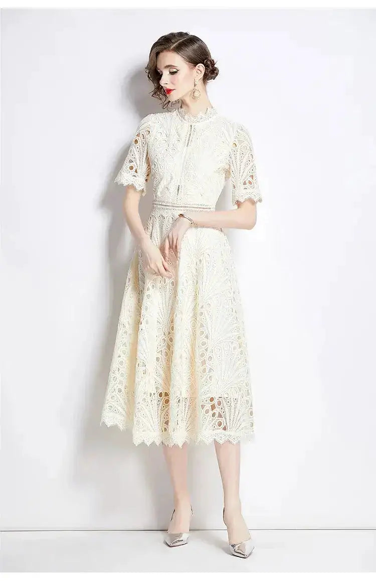 SMTHMA Vintage High-End O-Neck Short Sleeve Lace Hollow Out Dress For Women&