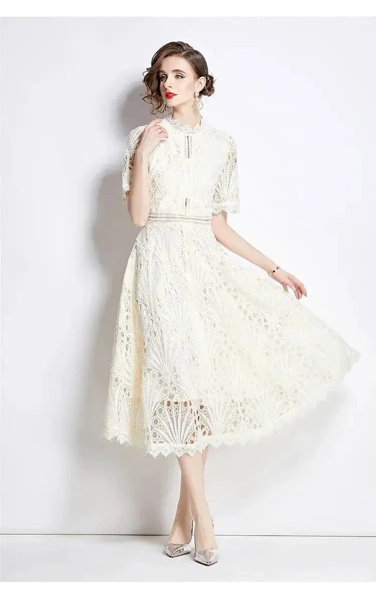 SMTHMA Vintage High-End O-Neck Short Sleeve Lace Hollow Out Dress For Women&