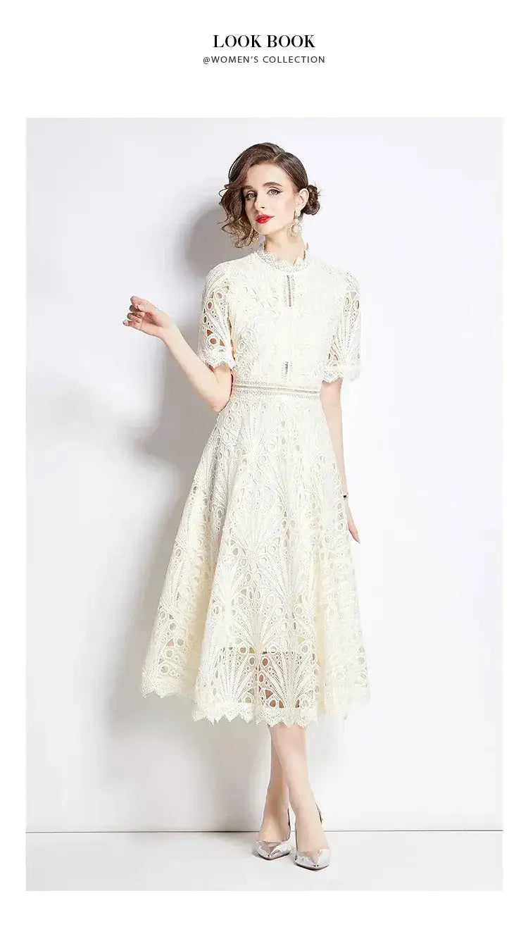 SMTHMA Vintage High-End O-Neck Short Sleeve Lace Hollow Out Dress For Women&