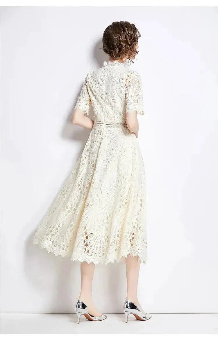 SMTHMA Vintage High-End O-Neck Short Sleeve Lace Hollow Out Dress For Women&