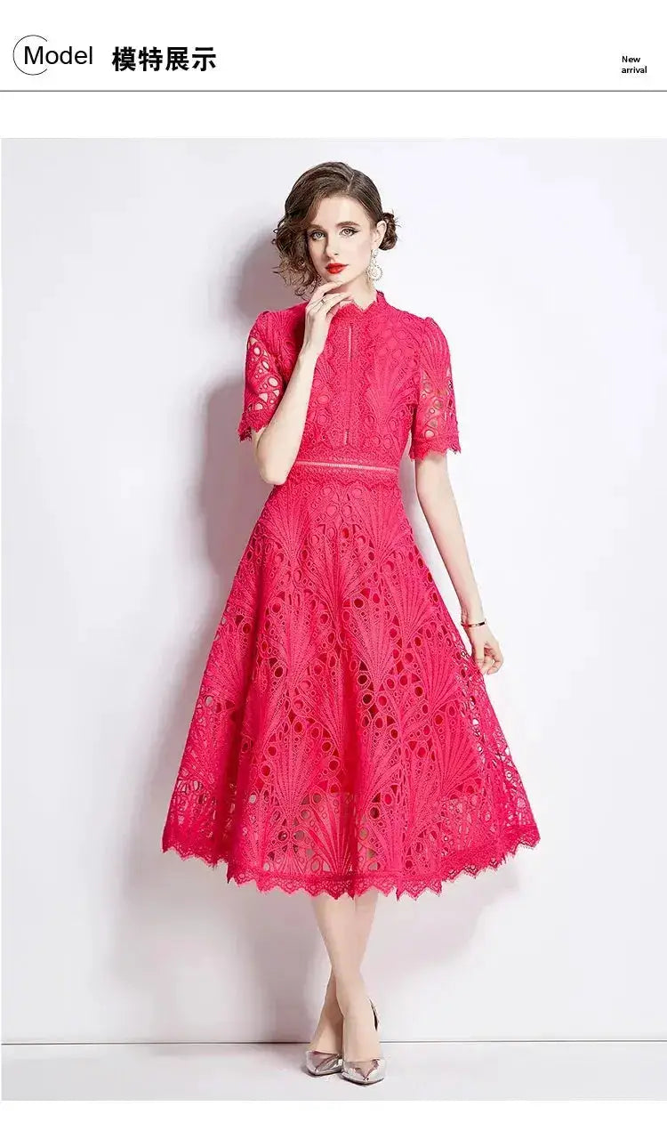 SMTHMA Vintage High-End O-Neck Short Sleeve Lace Hollow Out Dress For Women&