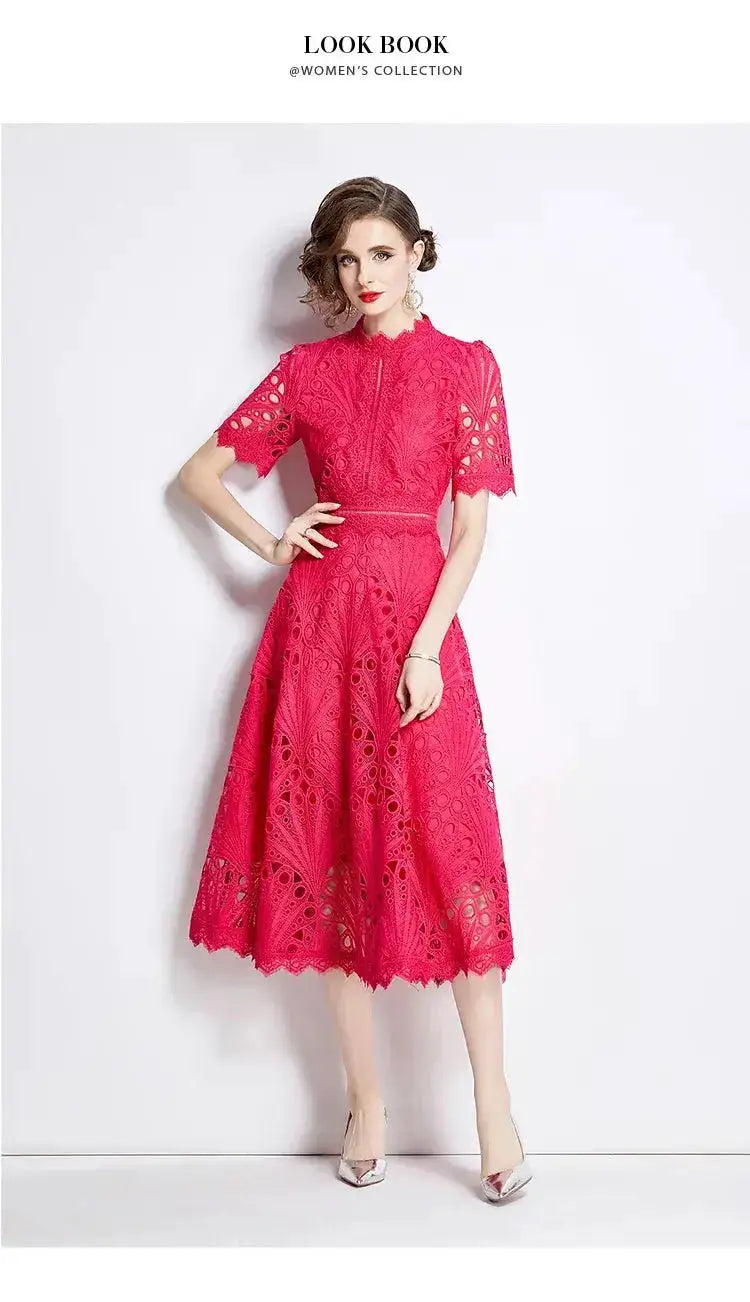 SMTHMA Vintage High-End O-Neck Short Sleeve Lace Hollow Out Dress For Women&