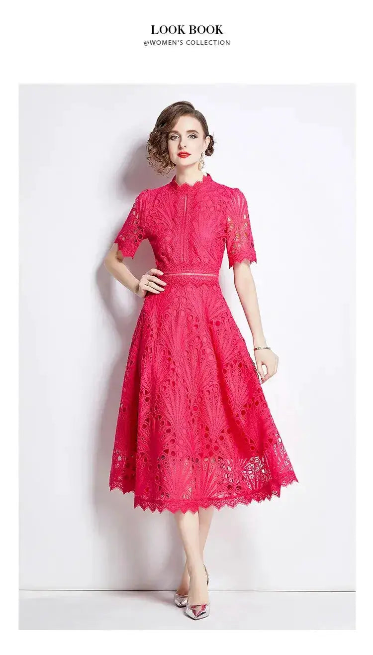 SMTHMA Vintage High-End O-Neck Short Sleeve Lace Hollow Out Dress For Women&